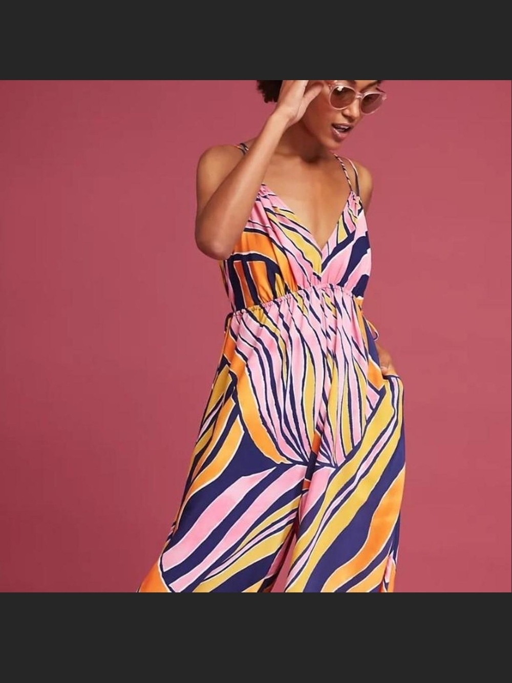 Maeve Pink, Navy & Yellow Stripe V-Neck Wide-Leg Jumpsuit